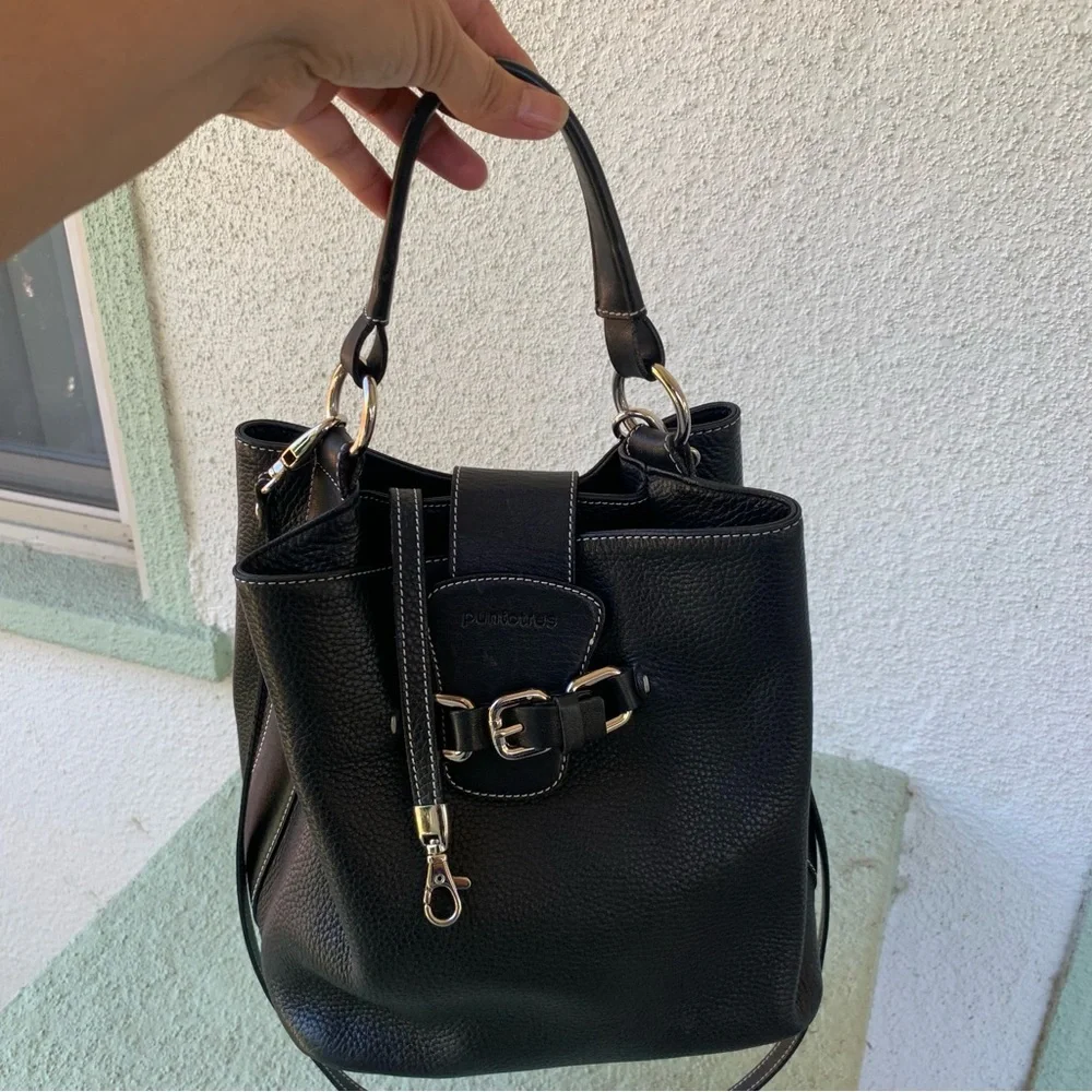 Puntotres Black Pebbled Leather Crossbody Satchel Bucket Handbag Made in Spain